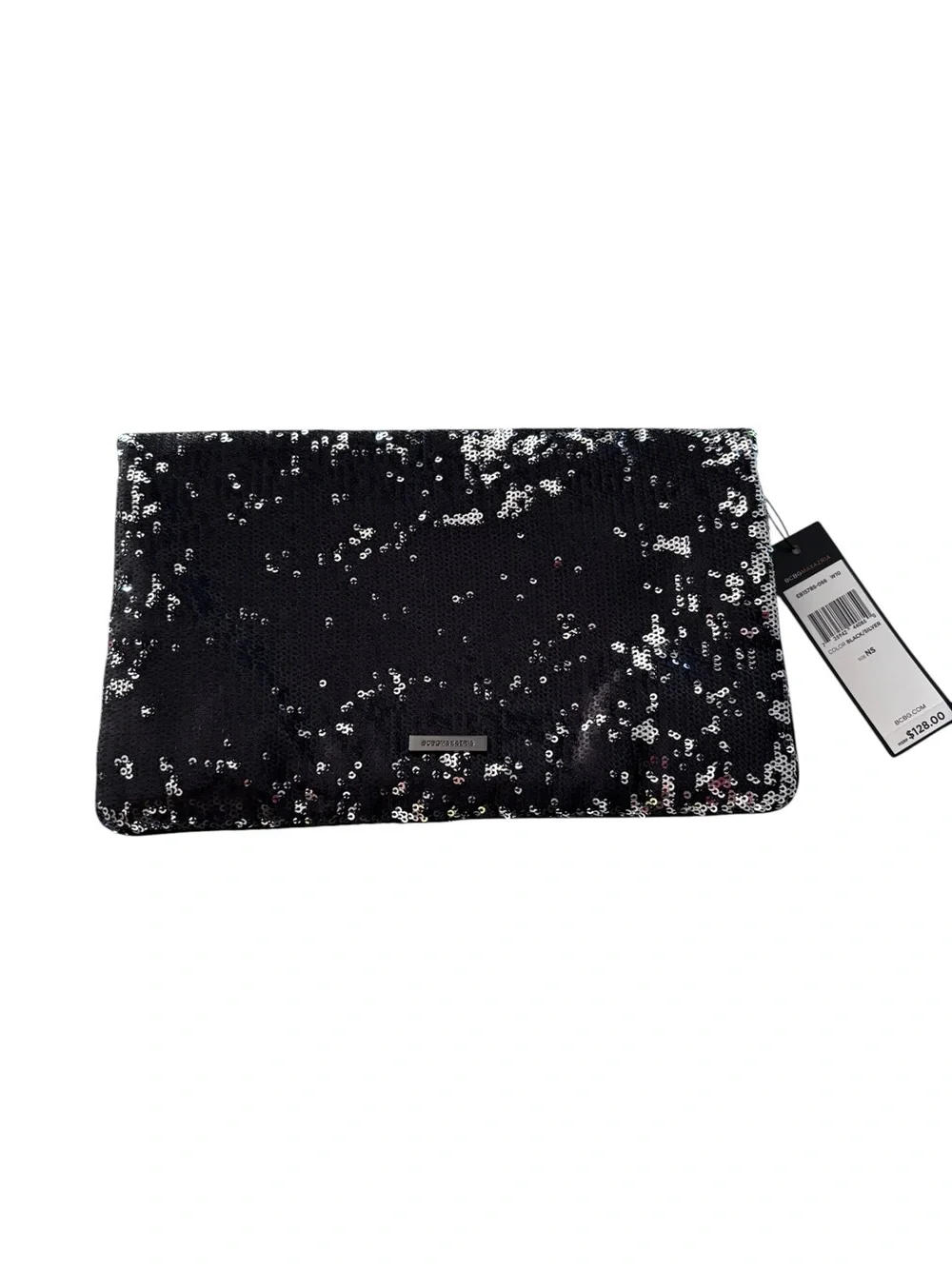 BCBG Black/Silver Sequin Magnetic Foldover Clutch. NWT